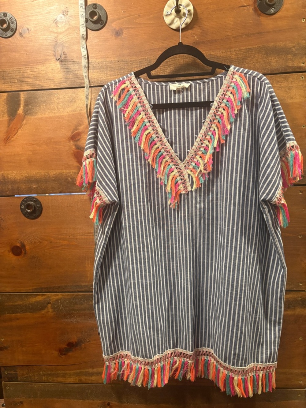 entro Resort Wear Striped V-Neck Fringe Swim Cover with Multicolor Tassels